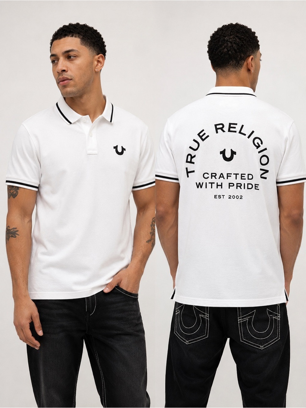 True Religion White Polo Shirt XL/TG Black Trim Logo Graphic Back